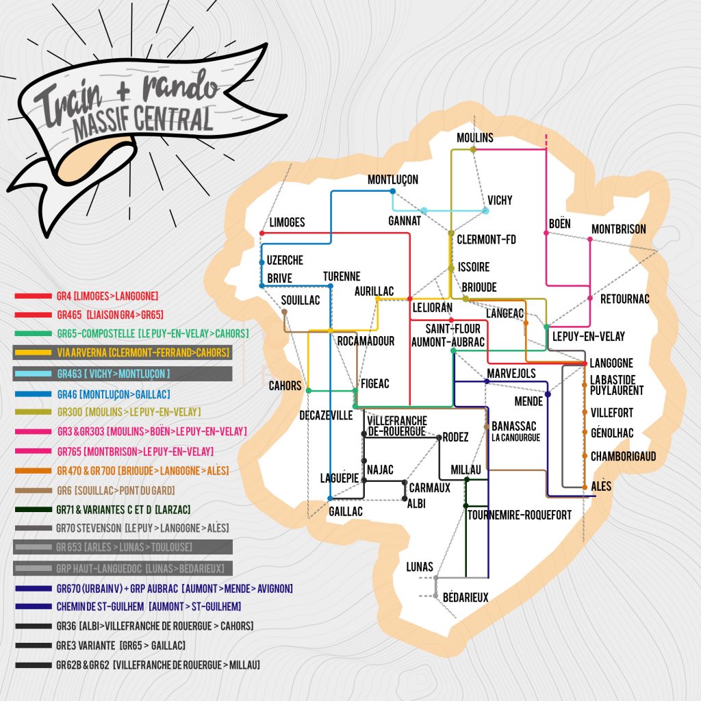 Carte des gares et GR dans le Massif central